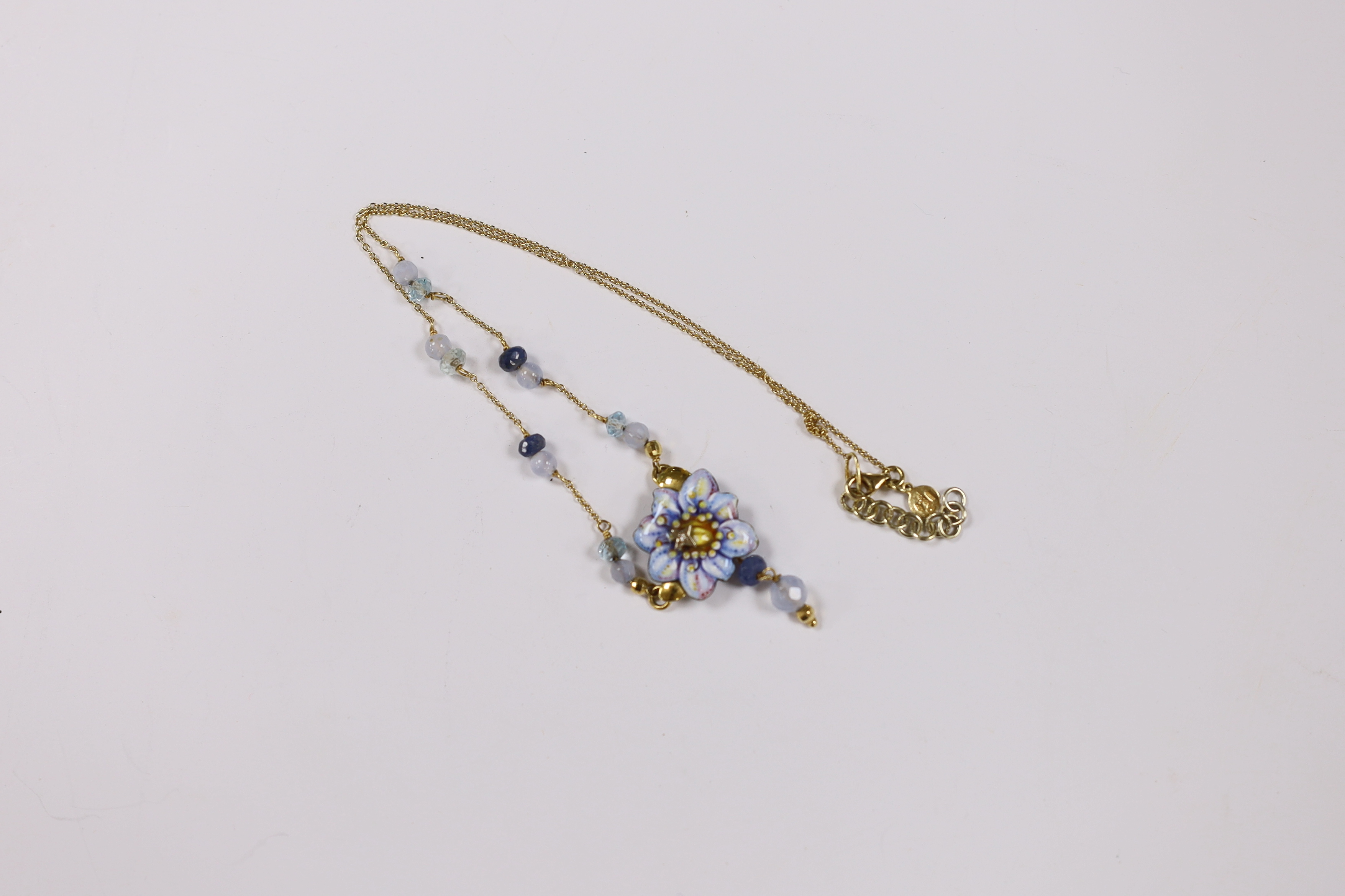 A 20th century Italian 750, enamel, diamond and gem bead set drop pendant necklace, 42cm, gross weight 8.6 grams.